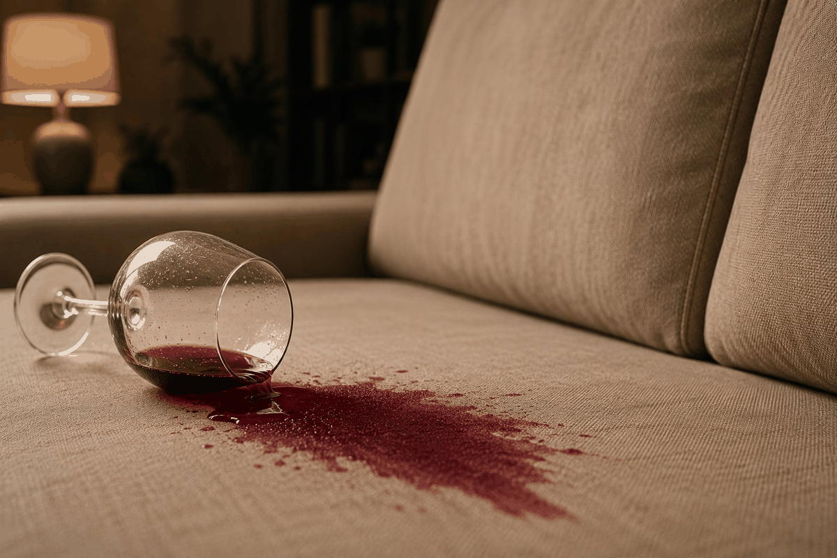 Verre de vin rouge renversé sur un canapé en tissu beige