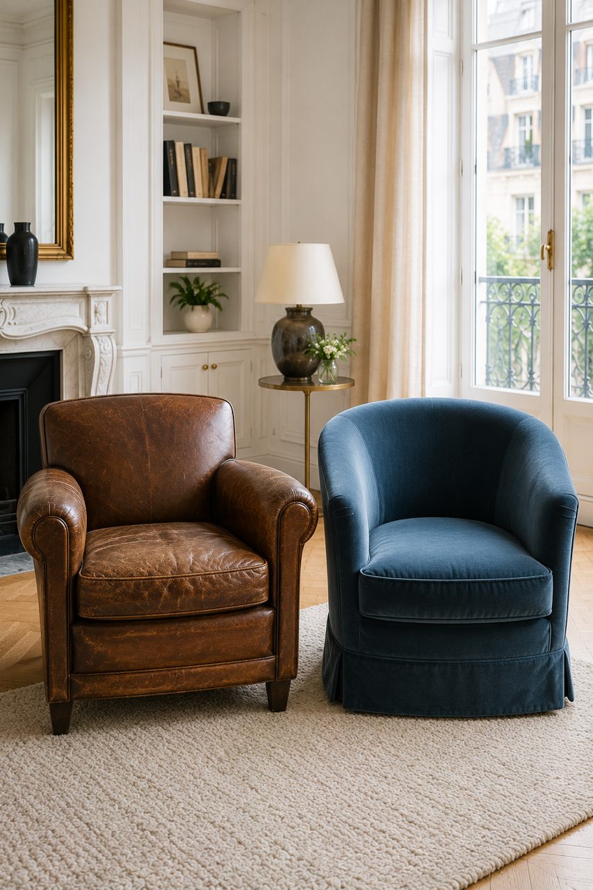 Fauteuil club en cuir et fauteuil crapaud en velours nettoyés à domicile par Éclatys Paris